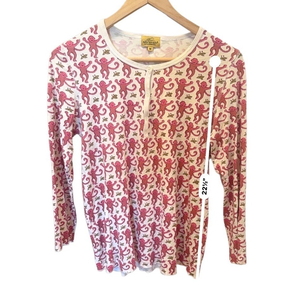 Roller Rabbit Womens Monkey Print Henley Top Size M Noelty Print Pink Cotton - Picture 4 of 7